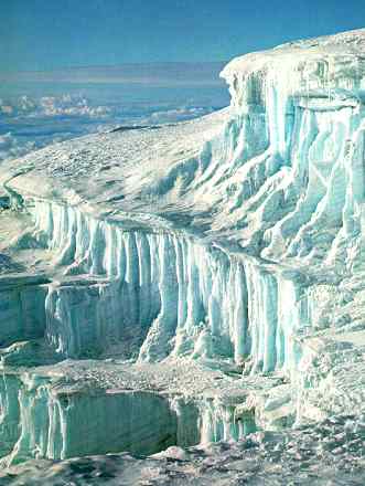 Ice cliffs along crater rim of Kilimanjaro, Africa